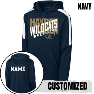Hayden Wildcats Wrestling crossed lettering on a Fan Favorite fleece hoodie with custom name shown on the back