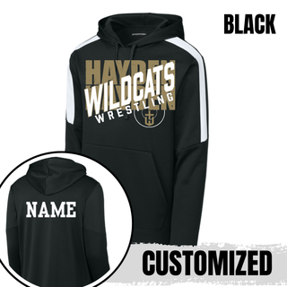 Hayden Wildcats Wrestling crossed lettering and mat detail centered on a Fan Favorite fleece hoodie
