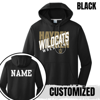 Back view of Black Hayden Wildcats performance hoodie with custom name