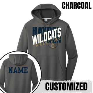 Charcoal Hayden Wildcats performance hoodie with crossed lettering and team crest centered on the front