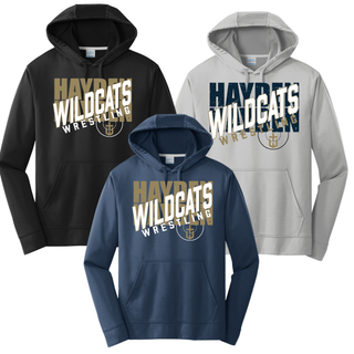 Hayden Wildcats crossed lettering and team crest shown on Black, Silver, and Deep Navy performance hoodies