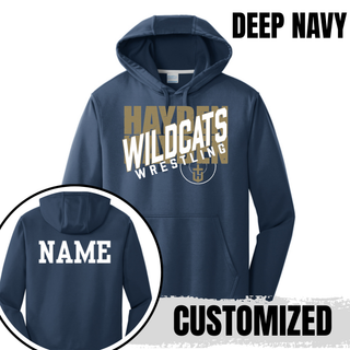 Back view of Deep Navy Hayden Wildcats performance hoodie with custom name