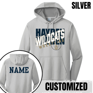Silver Hayden Wildcats performance hoodie with crossed lettering and team crest centered on the front