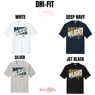 Performance tee color options in White, Deep Navy, Silver, and Jet Black, each displaying the centered Hayden Wildcats Wrestling crossed lettering design.