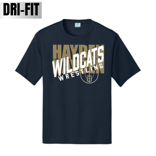 Deep Navy performance tee with centered crossed Hayden Wildcats Wrestling lettering, distressed gold lettering, a white gold-outlined Wildcats overlay, and a circular H crest.