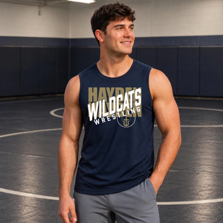 Navy Hayden Wildcats PosiCharge competitor tank with the Crossed Lettering wrestling design on the front.