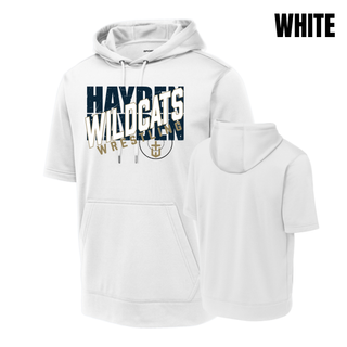 Crossed Lettering design on the Hayden Wildcats short sleeve hooded pullover.