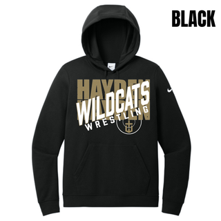 Model wearing the Hayden Wildcats women's Club Fleece pullover hoodie with the Crossed Lettering design.