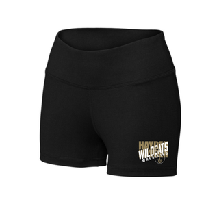Black women's Hayden Wildcats interval performance shorts with crossed lettering team design near the leg hem