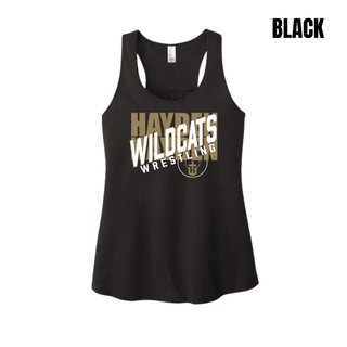 Black Hayden Wildcats women's racerback tank with crossed lettering and team crest centered on the front