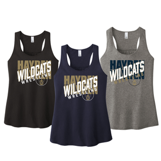 Hayden Wildcats Wrestling crossed lettering tank design shown on Black, New Navy, and Grey Frost racerback tanks