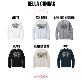 Bella+Canvas crewneck color chart for the Hayden Wildcats Wrestling Dad design in white, ash grey, athletic heather, black, heather dust, and navy.