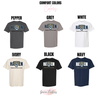 Comfort Colors shirt color options featuring the Hayden Wildcats Wrestling Dad design.
