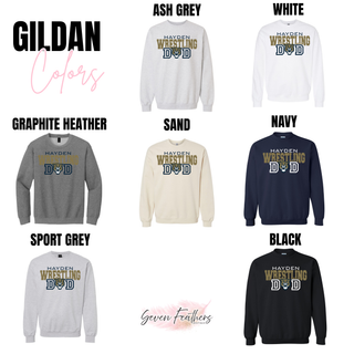 Gildan crewneck color chart for the Hayden Wildcats Wrestling Dad design in ash grey, white, graphite heather, sand, navy, sport grey, and black.