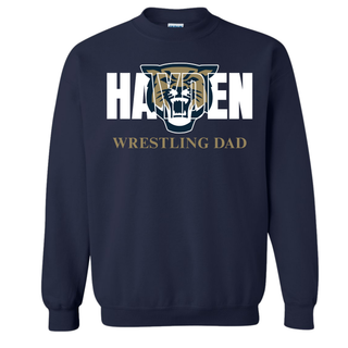 Navy sweatshirt with a tiger graphic layered over HAYDEN and gold WRESTLING DAD text.