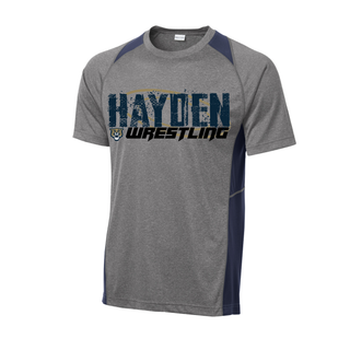 Heather grey tee with navy colorblock panels and Hayden in navy distressed block letters over a gold wrestling mat circle, with Wrestling in black italic lettering