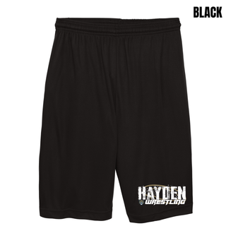 Black performance shorts with Hayden in white distressed block letters and Wrestling in white italic lettering printed near the hem of the leg