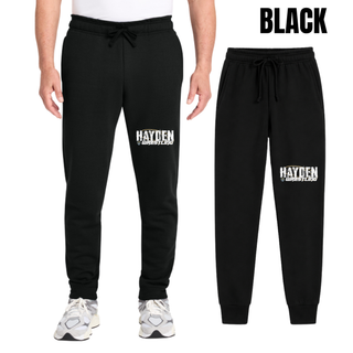 Black fleece joggers with Hayden in white distressed block letters and Wrestling in white italic lettering printed on the front of the leg, shown on a model and flat
