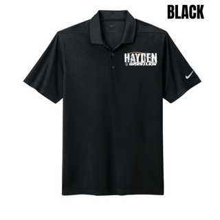 Black polo with Hayden in white distressed block letters and Wrestling in white italic lettering on the left chest