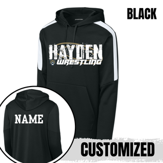Black hoodie with white shoulder panels and the distressed Hayden Wrestling design, with an inset showing a white custom name printed on the back