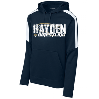 Navy hoodie with white shoulder panels and Hayden in white distressed block letters over a gold wrestling mat circle, with Wrestling in white italic lettering and a small wildcat head