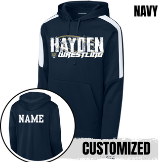 Navy hoodie with white shoulder panels and the distressed Hayden Wrestling design, with an inset showing a white custom name printed on the back