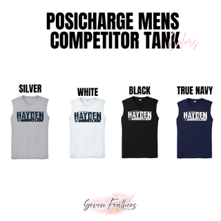 Men's PosiCharge competitor tank color chart showing the distressed Hayden Wrestling design on Silver, White, Black, and True Navy