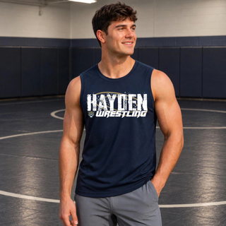 Smiling man in a wrestling room wearing a true navy sleeveless tank with Hayden in white distressed block letters and Wrestling in white italic lettering