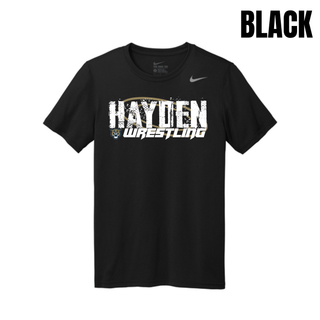 Black men's tee with Hayden in white distressed block letters and Wrestling in white italic lettering centered on the chest