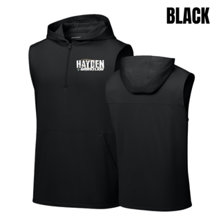 Black sleeveless hooded quarter-zip shown from the front with Hayden in white distressed block letters on the left chest and from the plain back