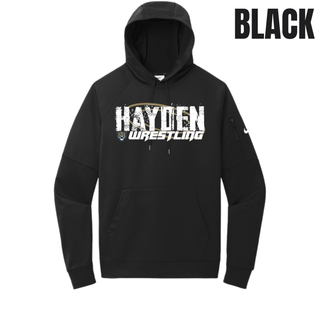 Black pullover hoodie with a zippered left arm pocket and Hayden in white distressed block letters over a gold wrestling mat circle, with Wrestling in white italic lettering