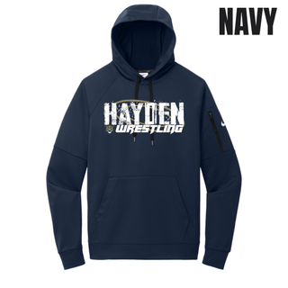 Navy pullover hoodie with a zippered left arm pocket and Hayden in white distressed block letters over a gold wrestling mat circle, with Wrestling in white italic lettering