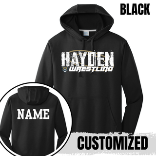 Black performance hoodie with Hayden in white distressed block letters and a white custom name printed on the upper back