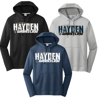 Black, deep navy, and silver performance hoodies with the distressed Hayden Wrestling design centered on the chest