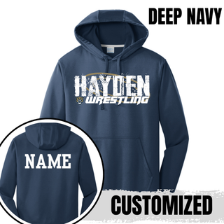 Deep navy performance hoodie with Hayden in white distressed block letters and a white custom name printed on the upper back