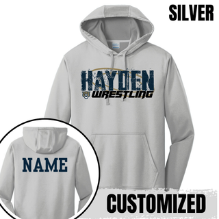 Silver performance hoodie with Hayden in navy distressed block letters and a navy custom name printed on the upper back