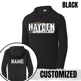 Black PosiCharge hooded pullover with Hayden in white distressed block letters and a white custom name printed on the back