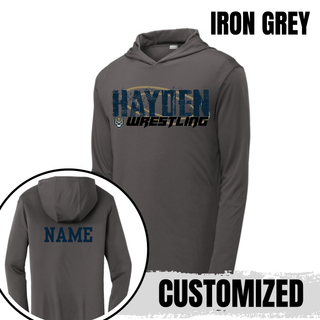 Iron grey PosiCharge hooded pullover with Hayden in navy distressed block letters and a navy custom name printed on the back