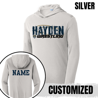 Silver PosiCharge hooded pullover with Hayden in navy distressed block letters and a navy custom name printed on the back