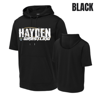 Black short sleeve hooded pullover with Hayden in white distressed block letters on the chest, shown from the front and the plain back