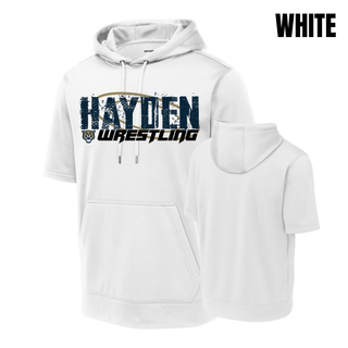 White short sleeve hooded pullover with Hayden in navy distressed block letters on the chest, shown from the front and the plain back