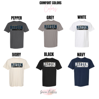 Comfort Colors color chart showing the distressed Hayden Wrestling design in Pepper, Grey, White, Ivory, Black, and Navy