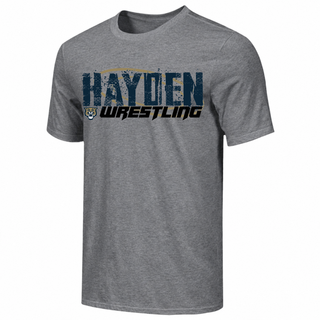 Heather grey tee with Hayden in distressed navy block letters over a gold wrestling mat circle, with Wrestling in black italic lettering and a small wildcat head logo
