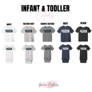 Infant and toddler color chart showing the distressed Hayden Wrestling design on tees and bodysuits in White, Heather Grey, Granite Heather, Navy, and Black