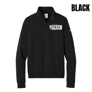 Black women's fleece half-zip with Hayden in white distressed block letters and Wrestling in white italic lettering on the left chest