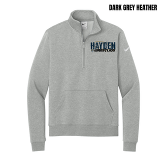 Dark grey heather women's fleece half-zip with Hayden in navy distressed block letters and Wrestling in black italic lettering on the left chest