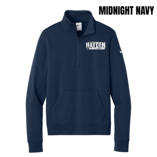 Midnight navy women's fleece half-zip with Hayden in white distressed block letters and Wrestling in white italic lettering on the left chest