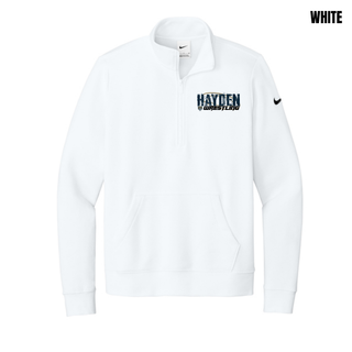 White women's fleece half-zip with Hayden in navy distressed block letters and Wrestling in black italic lettering on the left chest