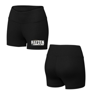 Black women's interval shorts shown from the front with the Hayden Wrestling design near the hem of the left leg and from the back with no print
