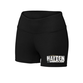 Black women's interval shorts with Hayden in white distressed block letters and Wrestling in white italic lettering printed near the hem of the left leg